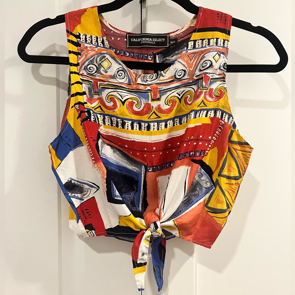 XS/S Artsy Multicolor Tie-Front Crop Tank Top